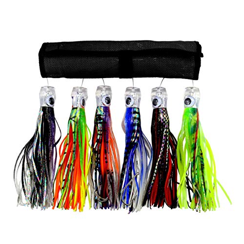 OCEAN CAT 6 Pcs Trolling Lures With Hooks for Marlin, Tuna, Mahi Mahi - 6 Inch - Free Mesh Bag Included - color: combined color