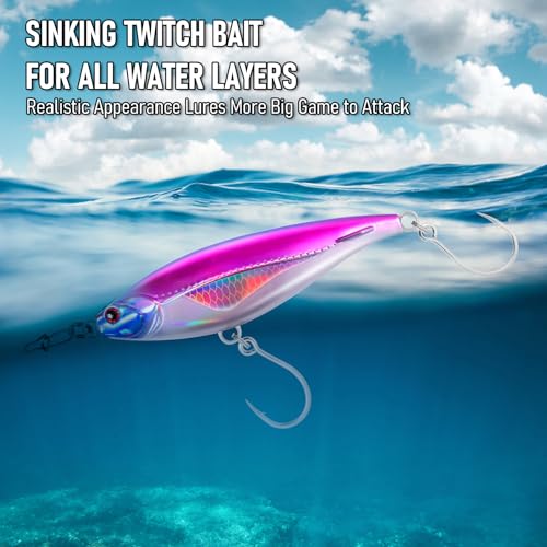 Alwonder High Speed Trolling Lures Saltwater Fishing Lures 6"/3oz Sinking Twitch Bait 7/0 Hook Deep Diving Jerkbait Fishing Plug Offshore Lure for Tuna Striper Mackerel - color: Pink & Purple
