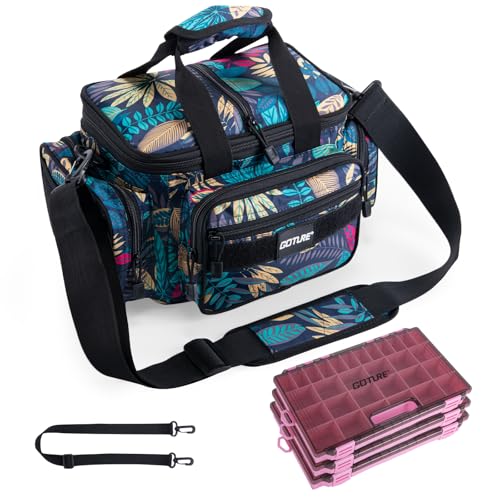 Goture Fishing Tackle Bag with 3pcs 3600 Pink Tackle Boxes,600D Water-Resistant Soft Side Cross Body Sling Fishing Bag, Small Saltwater Gear Storage Tactical Bags, Gifts for Men/Women - color: A1:Blue Leaf with 3 Pink Tackle Boxes, size: Small