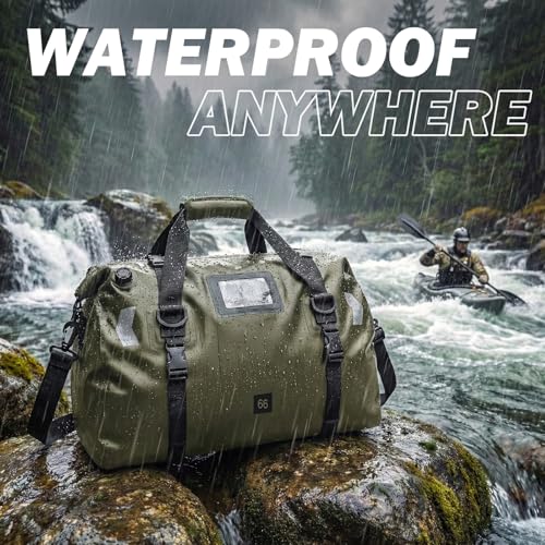 Large Waterproof Duffel Bag 66L - Heavy Duty Dry Bag for Motorcycle Touring, Sailing, Camping - 100% Watertight Travel Duffle Bag Backpack with Air Valve & Reflector - color: green, size: 66L