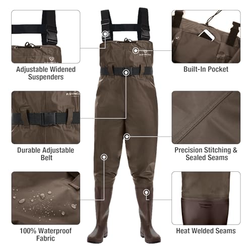 FISHINGSIR Fishing Waders for Men, 2-Ply Nylon/PVC Waterproof Women Chest Wader with Boots, Bootfoot Hunting Waders - color: Brown, size: M06/W08