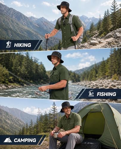 Haimont Men's UPF 50+ Short Sleeve Hiking Button Down Shirt | Quick-Dry Stretch, Mesh Back Vents, Rod Holder & Sunglasses Loops, Outdoor & Travel - color: Army Green, size: Large