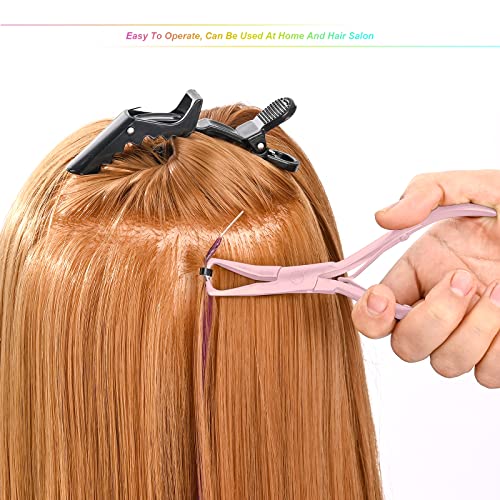 EHDIS Hair Extension Beading Tool Kit Stainless Steel Hair Extensions Micro link Bead Closer and Remover Pliers set, Beads Hair Pulling Hook & Micro Ring Loop Tool Set - color: Pink