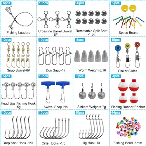 175pcs Fishing Tackle Box Kit Hooks Bobbers Sinkers Swivel Snaps Freshwater Saltwater Starter Set for Bass Trout Catfish Beginner Fishing Gift