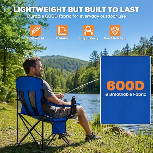 Romswi Portable Camping Chairs for Adult, Folding Outdoor Chairs with 4-Can Cooler Bag, Folding Chair with Mesh Back for Outdoor, Fishing, Garden, 2-Pack, Blue - color: Blue, style: Large