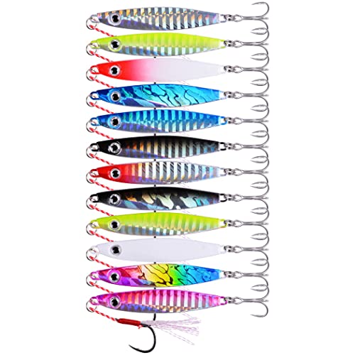 Aorace Jigging Lure Lead Fish Metal Jig Fishing Lure Paillette Knife Artificial Hard Bait Laser Body - color: 12pcs 22g 6.5cm