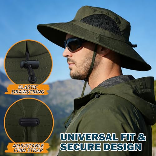 Wide Brim Sun Bucket Hat, Waterproof Boonie Hat for Men & Women | UPF 50+ UV Protection, Adjustable Fit, Chin Strap & Sweatband, Foldable Durable for Fishing Hiking Garden Beach - color: 01 Army Green