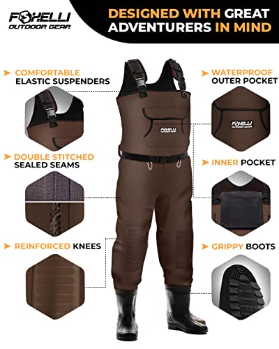 Foxelli Chest Waders, Waterproof 4mm Neoprene Hunting & Fishing Waders for Men & Women with Boots - color: Brown, size: 10