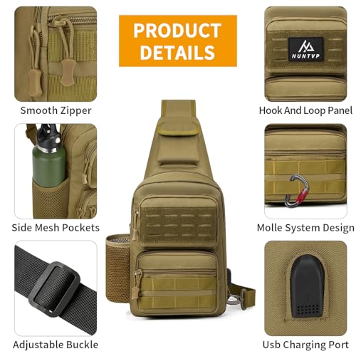 HUNTVP Tactical Sling Bag Crossbody Bag for Men Women EDC Shoulder Bags Molle Sling Backpack Chest Pack for Hiking Hunting Travelling Camping (Type3-Brown) - color: Type3-brown