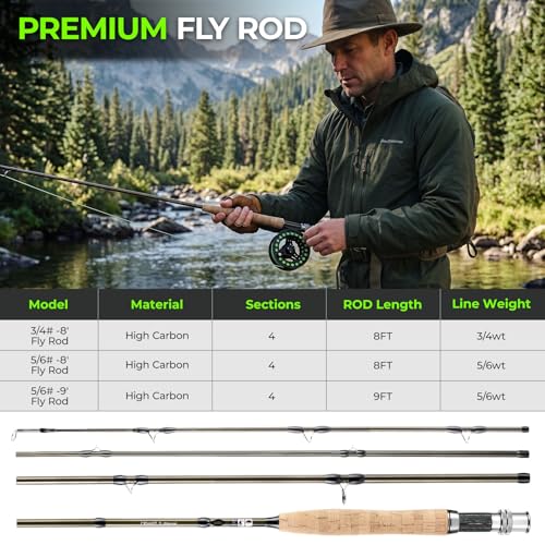 TOPFORT Fly Fishing Rod and Reel Combo, 4-Piece Fly Rod Kit with Complete Fly Fishing Gear: Fly Rod, Pre-Spooled Fly Fishing Reel, Fishing Flies, Leader, Forceps, Nipper and Carrying Case - color: 5/6# 2.43m 8FT Fly Fishing Rod and Reel Combo