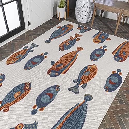 Eyely Fish High-Low Area Rug 5 X 8 Navy/Orange/Cream, Indoor Outdoor Rug | Ships Rolled, Durable Flat Weave, Lays Flat for Backyard, Patio, Porch, Easy-Cleaning, High Traffic,Pet-Friendly,Non-Shedding