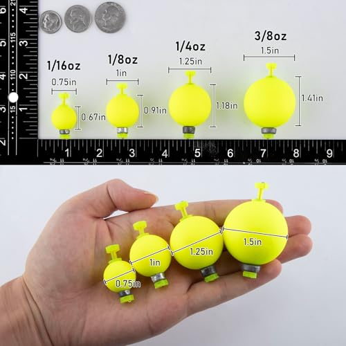 Dr.Fish 10 Pack Weighted Fishing Bobbers Snap-on Spring Floats EVA Foam Push Button Clip on Floats Fly Fishing Trout Bass Crappie Catfish - color: Red/Chartreuse, size: Diam 1.25''(1/4oz)