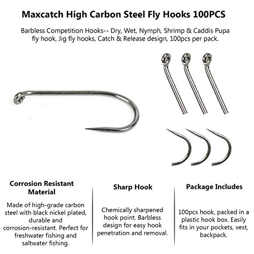 Maxcatch 100pcs Barbless Fly Fishing Hooks for Fly Tying Dry Nymph Wet Shrimp Jig Hook with Mini Box - color: Shrimp&Caddis Pupa Hook(Barbless), size: #8-100pcs