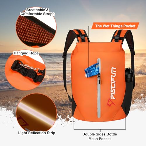 Piscifun Dry Bag Waterproof, Lightweight Dry Backpack Roll-Top Sealed with Waist Pouch and Phone Case Keeps Gear Dry Inside for Kayaking, Boating - color: Orange, size: 30L
