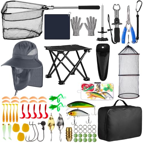 Lasnten 68 Pcs Fishing Tool Kit Fishing Backpack Pliers Kit Gear Equipment Tackle Include Hook Remover Backpack Gloves Towel Keychain Hook Lures Baits Accessories for Father Men Women Gifts