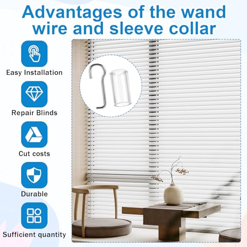 2 Set Wand Wire and Sleeve Collar for Horizontal Blinds, Horizontal Blinds Replacement Parts with Hook, Mini Blind Repair Kit with 1" Square Headrails, Window Opener Accessory for Vertical Blind