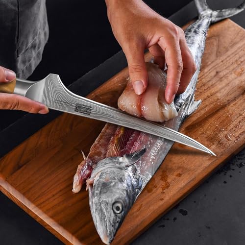HOSHANHO 7 Inch Damascus Fillet Knife, Professional 10Cr15CoMoV Super Steel Japanese Boning Knife, Ultra Sharp Fish Knife with Ergonomic Olive Wood Handle - style: 7 Inch Fillet Knife