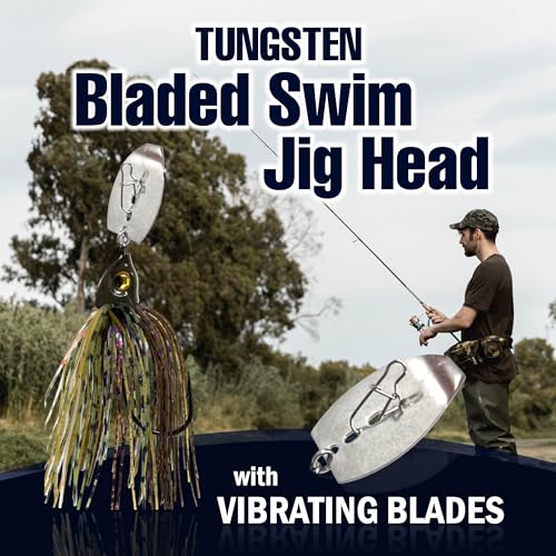 Reaction Tackle Tungsten Bladed Swim Jig Heads - Vibrating Chatter Jig with Silicone Skirt for Bass Walleye Pike (2-Pack) - color: Okeechobee Craw, size: 3/8 Oz