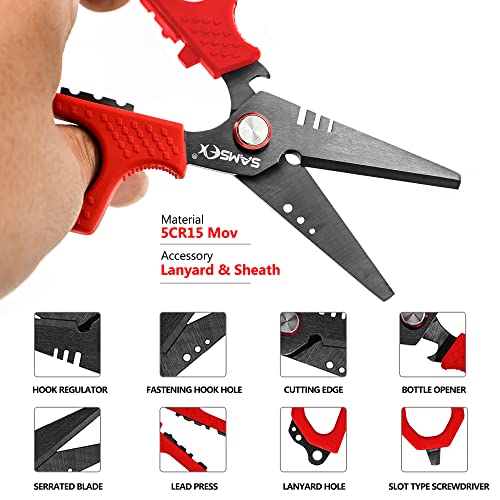 SAMSFX 6.5" Pro Fishing Shears Dual Serrated Blades, Fishing Braided Line Scissors with Titanium Coating, Non-Slip Grip & Multifunction Tool, Includes Hard Molded Locking Sheath & Coiled Lanyard - color: A: Red Kraton Handle, Hard Sheath