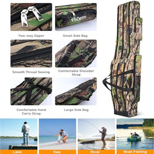 3 Layers Fishing Pole Bag,Portable 3 Layers Oxford Folding Rod Carry Case,Fishing Reel Tackle Storage Bag Case - color: Earthy yellow, size: 150cm/59in