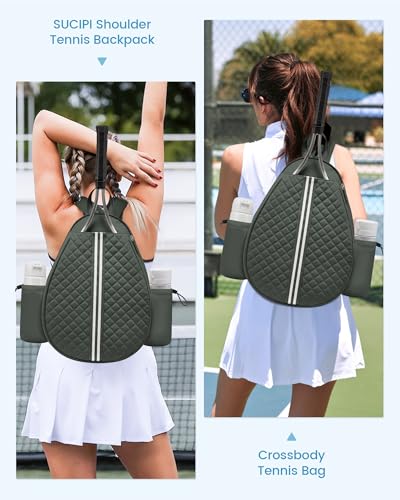 Sucipi Tennis Bag, Quilted Tennis Sling Crossbody Backpack, Water Resistant Tennis Racket Bags for Women Men, Suitable for Pickleball Tennis Badminton - color: Green, size: Medium