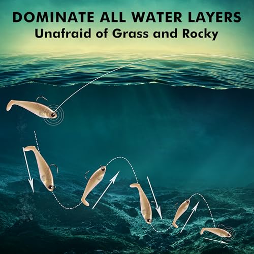 Pre-Rigged Soft Fishing Lures with Weedless Hook, Lifelike Paddle Tail Swimbaits for Bass Fishing, Freshwater & Saltwater Curly Type Tail Soft Plastic Baits for Bass, Pike, Trout, and Walleye. - color: A-2"-0.16oz