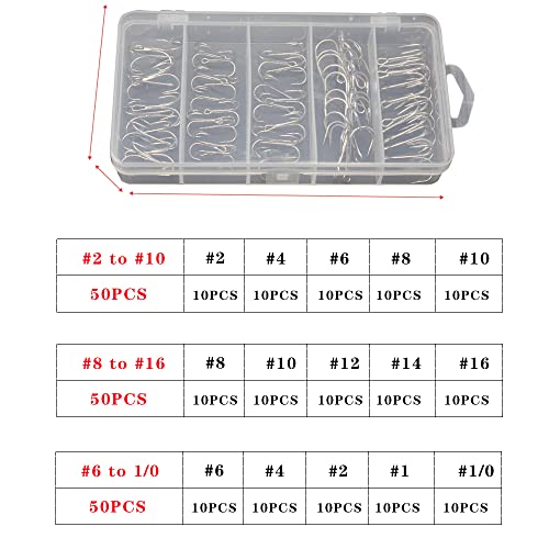 Drasry Fishing Treble Hooks Set for Saltwater Freshwater Size 1/0 to 16 High Carbon Steel Different Fish Hook 50pcs/Box - color: Silver, size: #8 to #16 Small