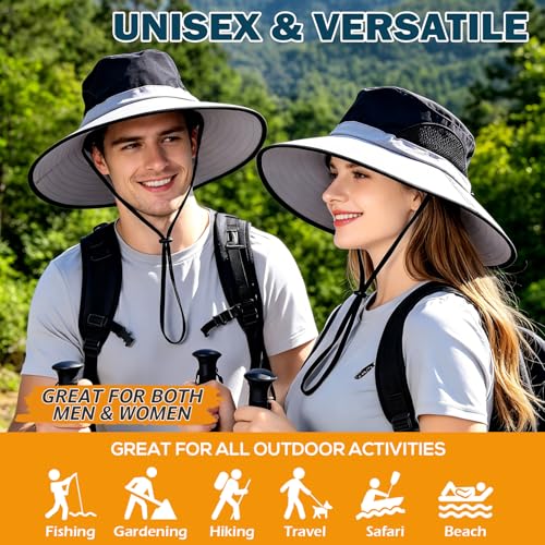 Wide Brim Sun Bucket Hat, Waterproof Boonie Hat for Men & Women | UPF 50+ UV Protection, Adjustable Fit, Chin Strap & Sweatband, Foldable Durable for Fishing Hiking Garden Beach - color: 02 Light Grey+black