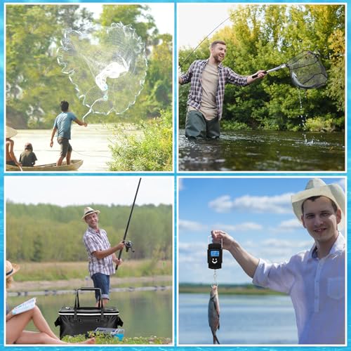Threehoney Set of 4 Saltwater Fishing Cast Net, Foldable Fish Bucket, Folding Fishing Landing Net, and 110lb Digital Scale, 6 Gallon Live Fish Bait Bucket - color: Black, size: 6ft
