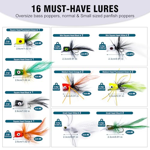 Goture Waterproof Fishing Waist Pack, IPX8 840D TPU Large Tackle Bag with Rod Holder, Airtight Zipper Closure, Fly Fishing Bag with Adjustable Waist Strap, Sling Fanny Pack with 16pcs Popper Flies - color: D1:Fly Fishing Bag with 16pcs Popper Flies