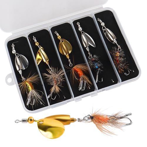 Trout Spinner Lures with Stimulator/Humpy Dry Fly Tail, Brass Hard Metal Hand-Tied Rooster Bait Tail Fishing Spinnerbaits for Bass Pike Salmon Saltwater Freshwater Lake River - color: 5PCS