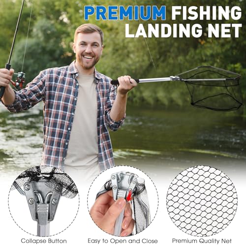 RoundFunny 10 Pcs Fishing Tool Kit, Fishing Pliers with Lanyard and Protective Sheaths, Landing Net, Fillet Knife, Fish Scale, Gripper, Hook Remover, Braid Scissors, Gloves for Men Dad Gift - color: Blue