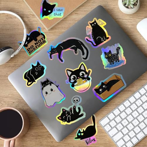 110Pcs Holographic Black Cat Stickers, Cute & Funny Vinyl Decals for Water Bottles, Laptop, Phone Case, Journal, Scrapbooking - style: Black Cat Stickers