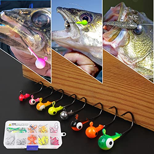 Fishing Jig Head Hooks Kit, Round Ball Crappie Jig Heads Lures Assorted Painted Fishing Lures Jig Heads for Walleye Bass Saltwater Freshwater Fishing 50/69/70pcs - style: 70pcs Kit