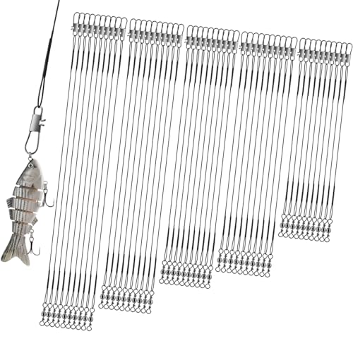 Realure 50Pcs Stainless Steel Fishing Leaders with Swivels Snap Connect Kit High Strength Fish Line Wire Leaders for Fishing Saltwater 4/6/8/10/12inch Fishing Wire Leader Line for Lure Bait Rig Hooks