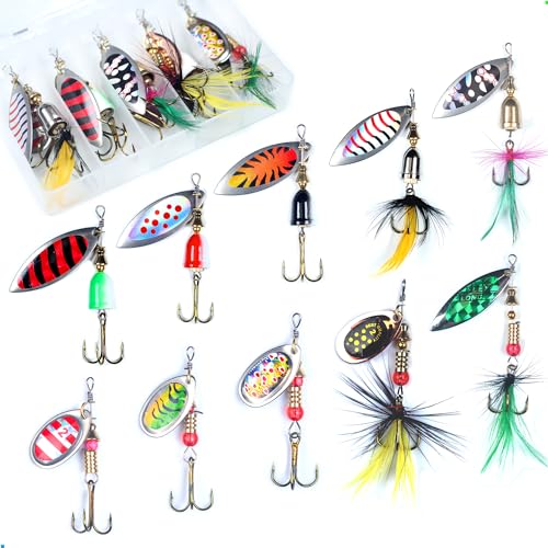 EXAURAFELIS 10/30pcs Fishing Lure Spinnerbait with Feathered Treble Hooks Rooster Tail Fishing Lures Spoon Lures for Bass Salmon Trout Spinner Baits with Tackle Box - color: 10pcs-B
