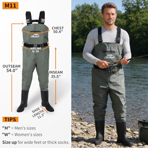Fishing Waders for Men & Women, Waterproof 2-Ply Nylon/PVC Chest Wader with Boots for Outdoor Sizes 4-13 Bootfoot - color: Grey, size: US-M11