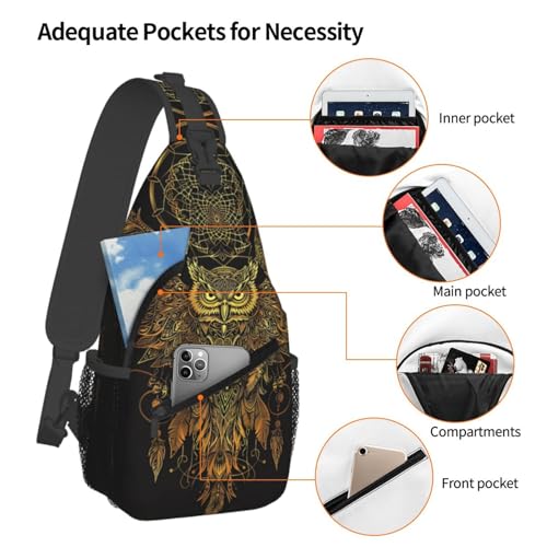 Golden Owl With Dream Catcher Sling Backpack Chest Bag Crossbody Shoulder Bag Gym Cycling Travel Hiking Daypack For Men Women - color: Golden Owl With Dream Catcher