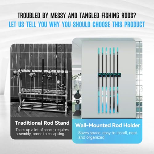 Vertical Fishing Rod Holder, Wall Mounted Fishing Rod Holder, Fishing Pole Rack Holds Up to 6 Rods or Combos, Fishing Rod Holders for Garage, Fits Most Rods of Diameter 3-19mm (1, Blue)