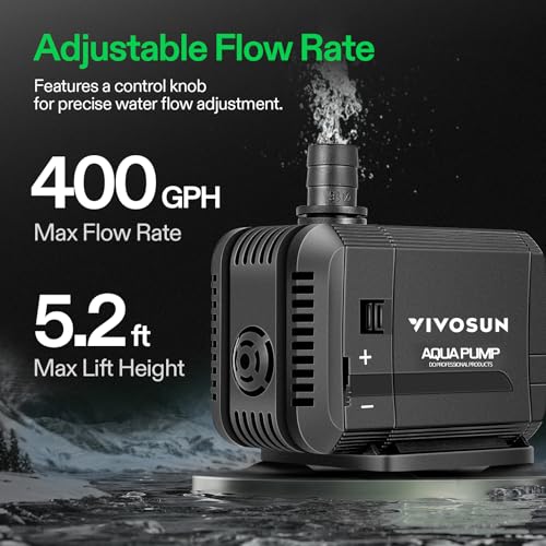 VIVOSUN 400GPH Submersible Pump(1500L/H, 15W), Ultra Quiet Water Pump with 5.2ft High Lift, Fountain Pump with 5ft Power Cord, 3 Nozzles for Fish Tank, Pond, Aquarium, Statuary, Hydroponics - size: 5"×4"-400