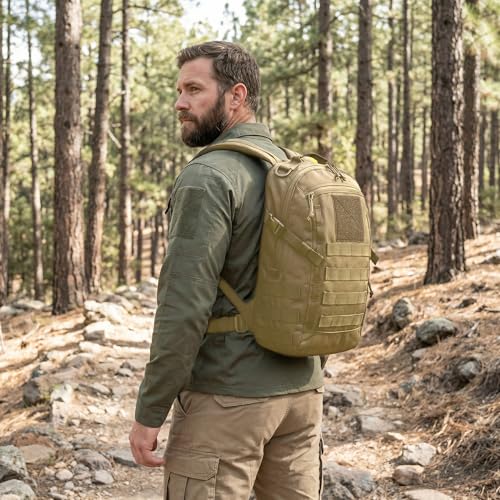 Small Tactical Hiking Backpack, 12L MOLLE Bookbag Daypack for Travel | MOLLE webbing expands carry options;compact,lightweight design fits hiking,school,camping,travel and daily use - color: Tan