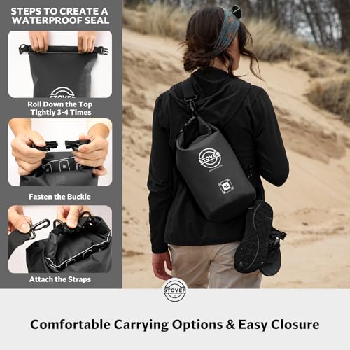 STOVER 5/10/25/30/40/55L Waterproof Dry Bag, Small Lightweight Roll Top Dry Bag Backpack w/Waterproof Phone Case, Kayaking, Travel, Hiking, Fishing, Tubing, Camping, the Beach, Men/Women (Black) - color: 5l Black, size: 5L