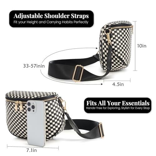 Woven Vegan leather Crossbody Bags For Women, Checkered Fashion PU Bum Bag Waist Pack, Travel Sling Purse with Adjustable Strap（Black) - color: White and Black