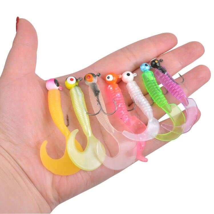Soft Plastic Fishing Lure Jig Head Hook Kit,Grub Worm Lures Crappie Jigs Head Grub Tail Swimbait Tube Bait Jigs for Saltwater Freshwater, Trout Crappie Fishing - color: 17PCS Sets (2 Packs)