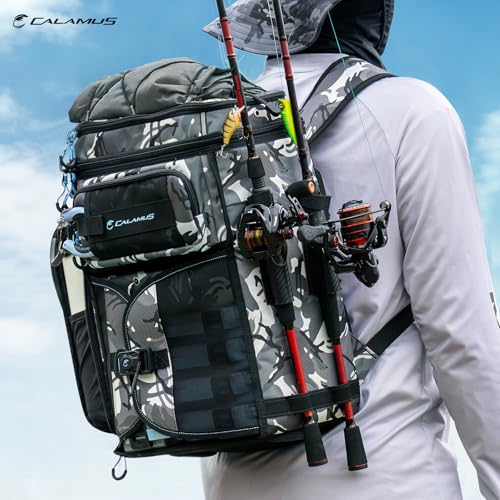 Calamus GearMaster Tackle Backpack with Bait Binder, Large Lightweight Water-Resistant Fishing Bag, Rod Holders, Food Storage - color: Black Camo