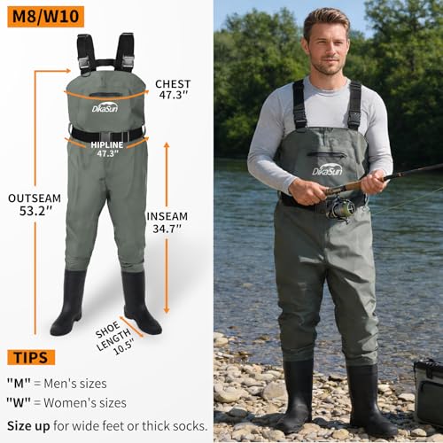 Fishing Waders for Men & Women, Waterproof 2-Ply Nylon/PVC Chest Wader with Boots for Outdoor Sizes 4-13 Bootfoot - color: Grey, size: US-M8/W10