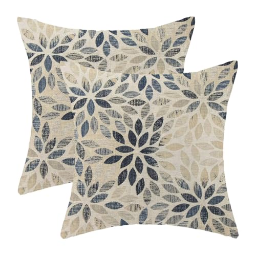 AEIOAE Navy Blue Dahlia Pillow Covers 16 x 16 Inch Set of 2, Vintage Geometric Dahlia Flower Throw Pillow Covers Farmhouse Outdoor Floral Decorative Pillows for Couch Home Sofa Living Room - color: Navy Blue Floral, size: 16" x 16" (Pack of 1)