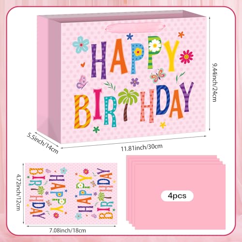 Hooqict Large Pink Gift Bag Happy Birthday Gift Wrap Bag with Handles, Tissue Paper, Greeting Cards for Kids Girls Women Pink Birthday Party Mom Mothers Day Bags - color: Pink Happy Birthday