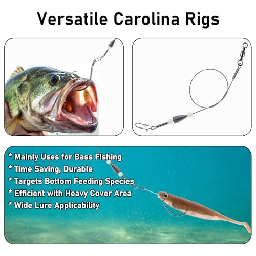 Dr.Fish 15 Pack Carolina Ready Rigs 10'' for Bass Fishing, Freshwater Fishing Wire Leader Line Pre-Rigged Bullet Sinker Swivels - color: Lead Weights, size: 1oz-15 Pack