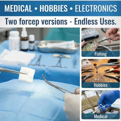 MABIS Precision Kelly Forceps [3‑Pack] Locking Hemostats, 2 Curved & 1 Straight, 5 1/2 Inch Tweezers Clamp Set, Stainless Steel, Fine Tip for First Aid, Sewing, Piercing Removal Tool, Fishing & DIY - size: Pack of 3, style: Combo Pack
